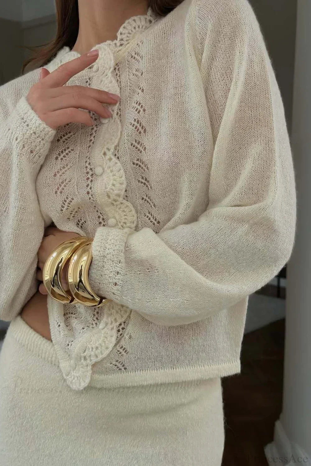 Solid Lace Cutout Knit Crew Neck Cardigan