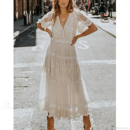 Solid Lace Short Sleeve V-neck Maxi Boho Dress