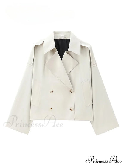 Solid Loose Contrast Double Collar Double Breasted Long Women's Windbreaker Office Lady Stylish Coat