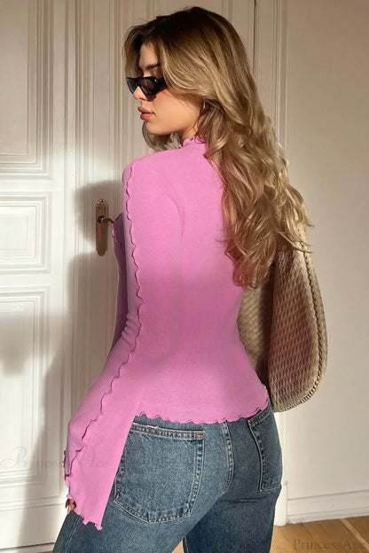 Solid Mock Neck Paneled Ruffled Long Sleeve Tee