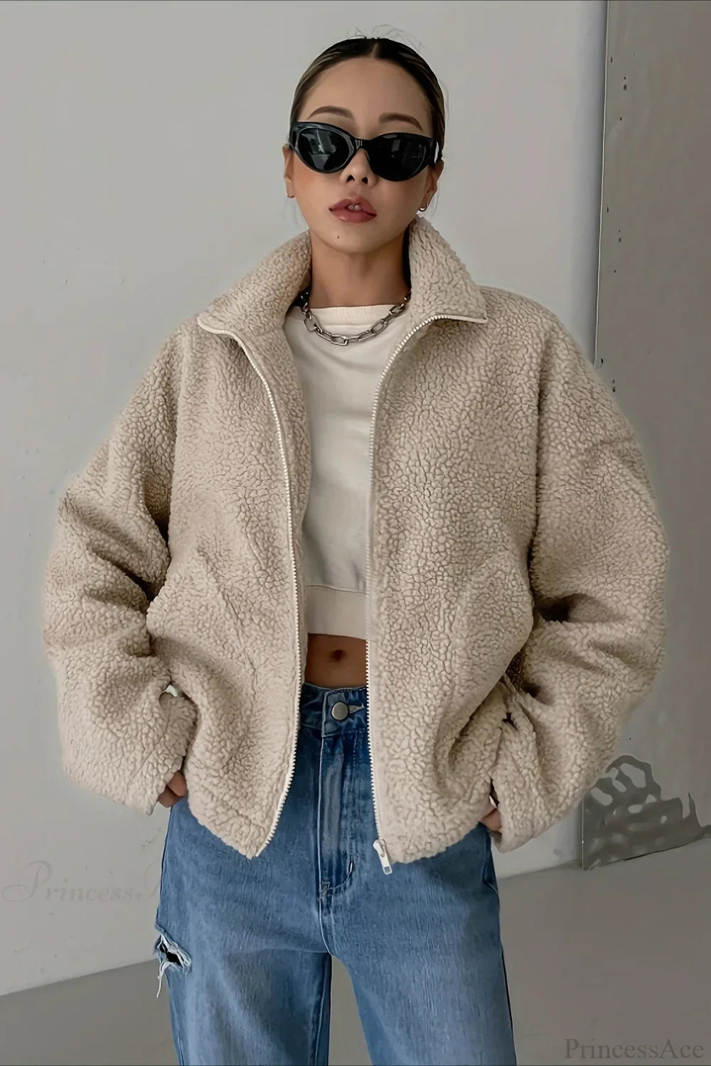 Solid Relaxed Shearling High Neck Jacket