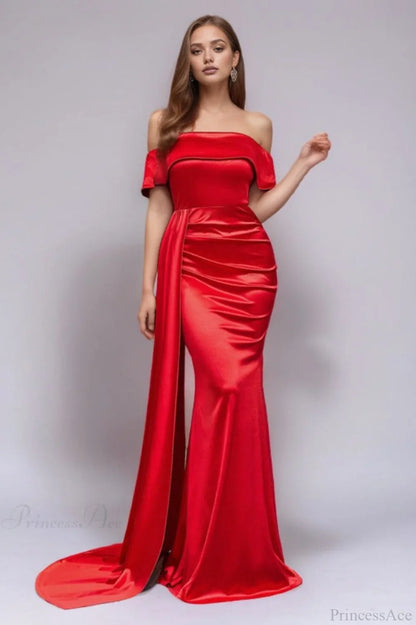 Solid Satin Off-the-Shoulder High Waist Mermaid Evening Dress