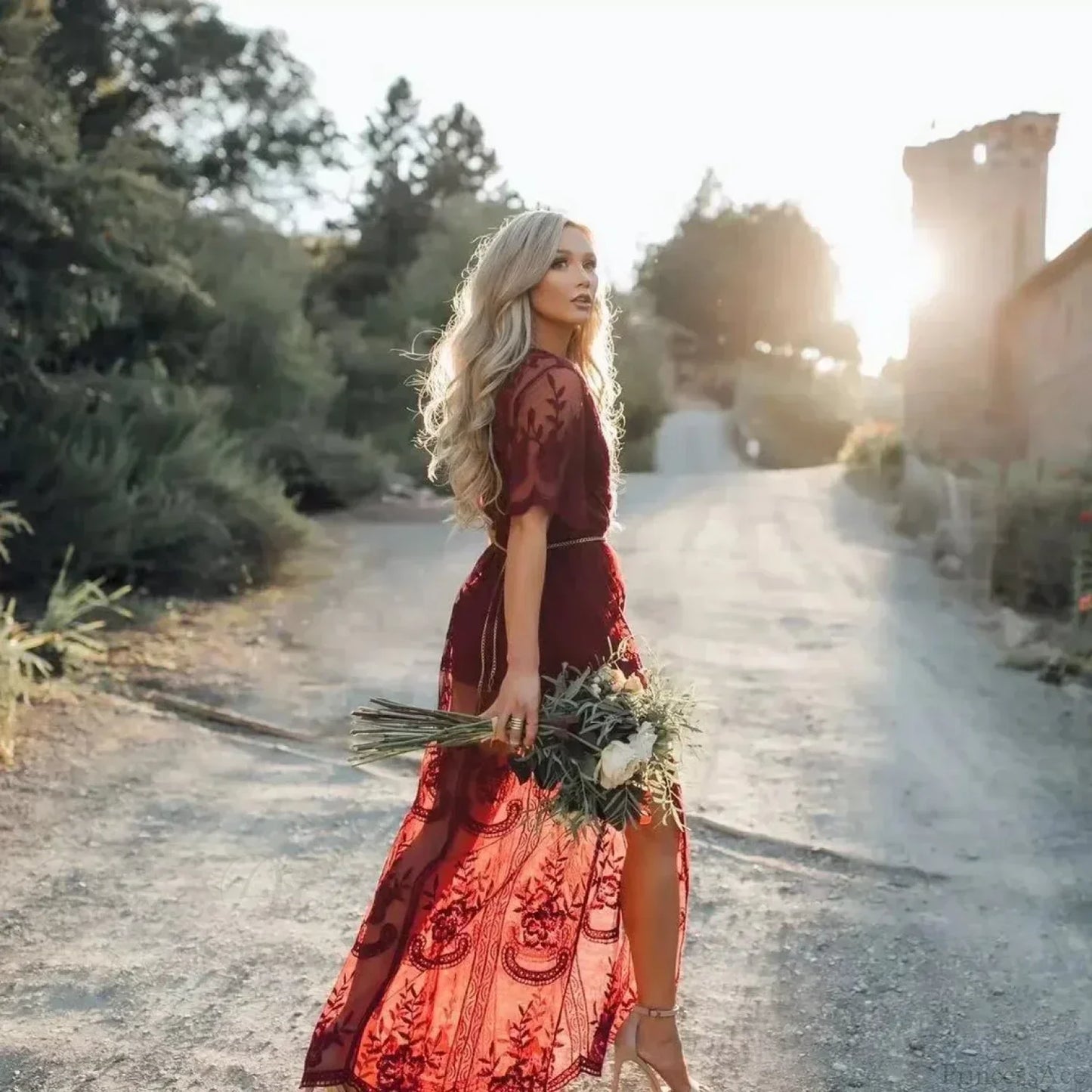Solid Short Sleeve Lace V-neck Loose Maxi Boho Dress
