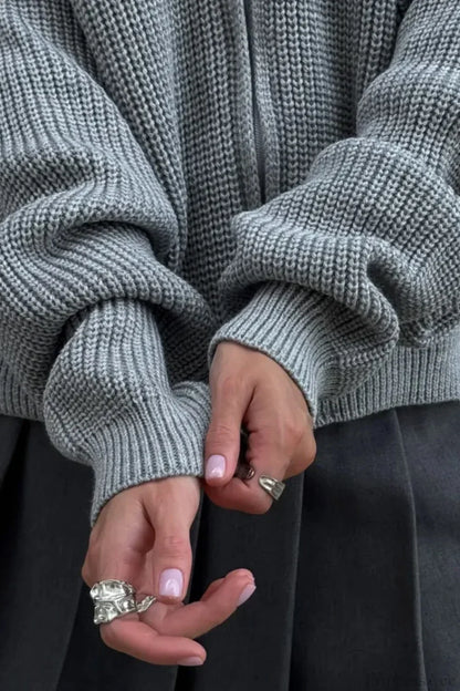 Solid Simple Zip Cardigan Casual Slouchy Knit Jacket