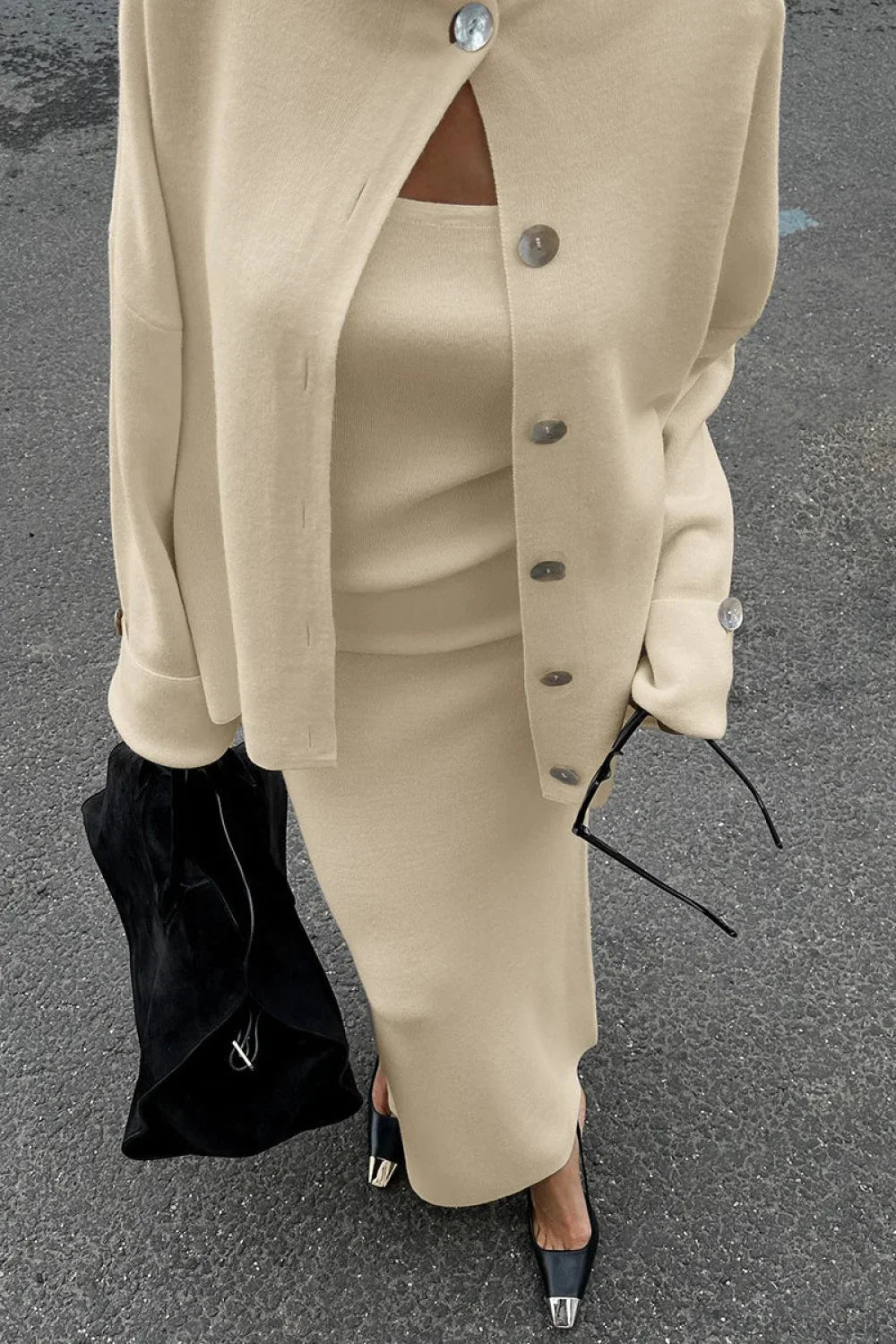 Solid Soft Minimalist Knit Cami Midi Skirt Three Piece Set