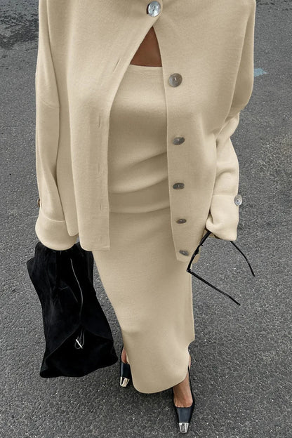 Solid Soft Minimalist Knit Cami Midi Skirt Three Piece Set