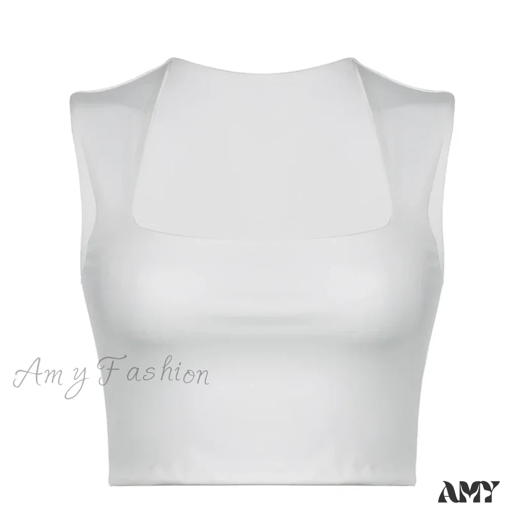 Solid Square Collar Casual Sleeveless Slim White Basic Summer Vintage Crop Top