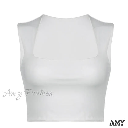 Solid Square Collar Casual Sleeveless Slim White Basic Summer Vintage Crop Top