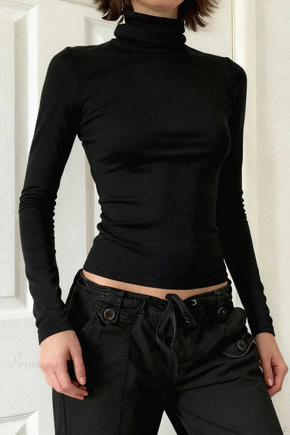 Solid Turtleneck Slim Minimalist Long Sleeve Tee