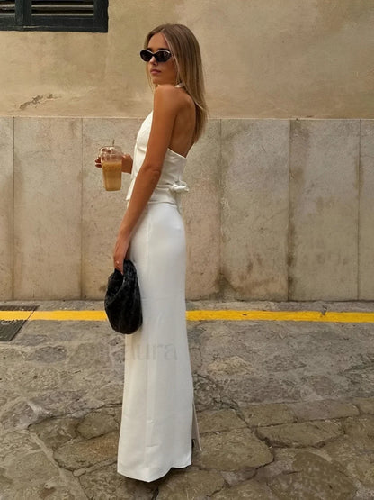 Solid V-Neck Backless Tie Up Classic Halter & Split Maxi Skirt Set