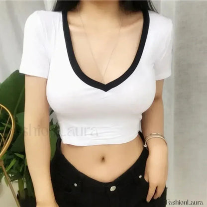 Solid V Neck Sexy Crop Tops Casual Short Sleeve Tee