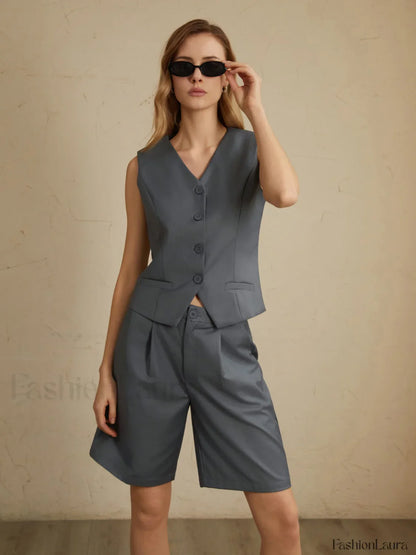 Solid Waistcoat Graceful With Shorts Set