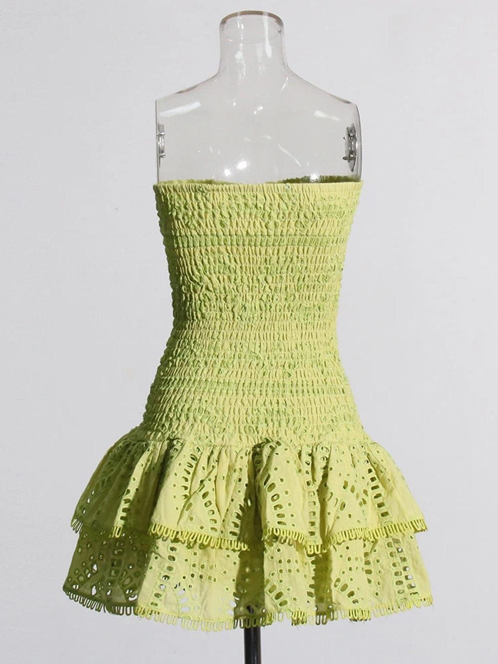 Strapless Smocked Bodice Tiered Eyelet Ruffle Mini Dress