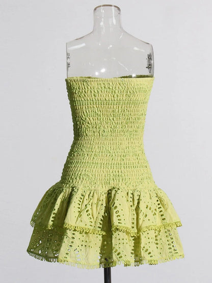 Strapless Smocked Bodice Tiered Eyelet Ruffle Mini Dress