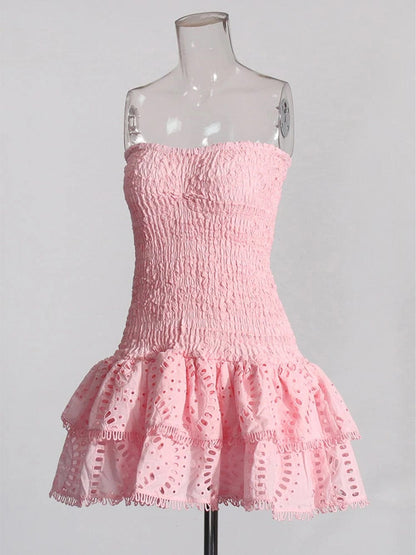 Strapless Smocked Bodice Tiered Eyelet Ruffle Mini Dress
