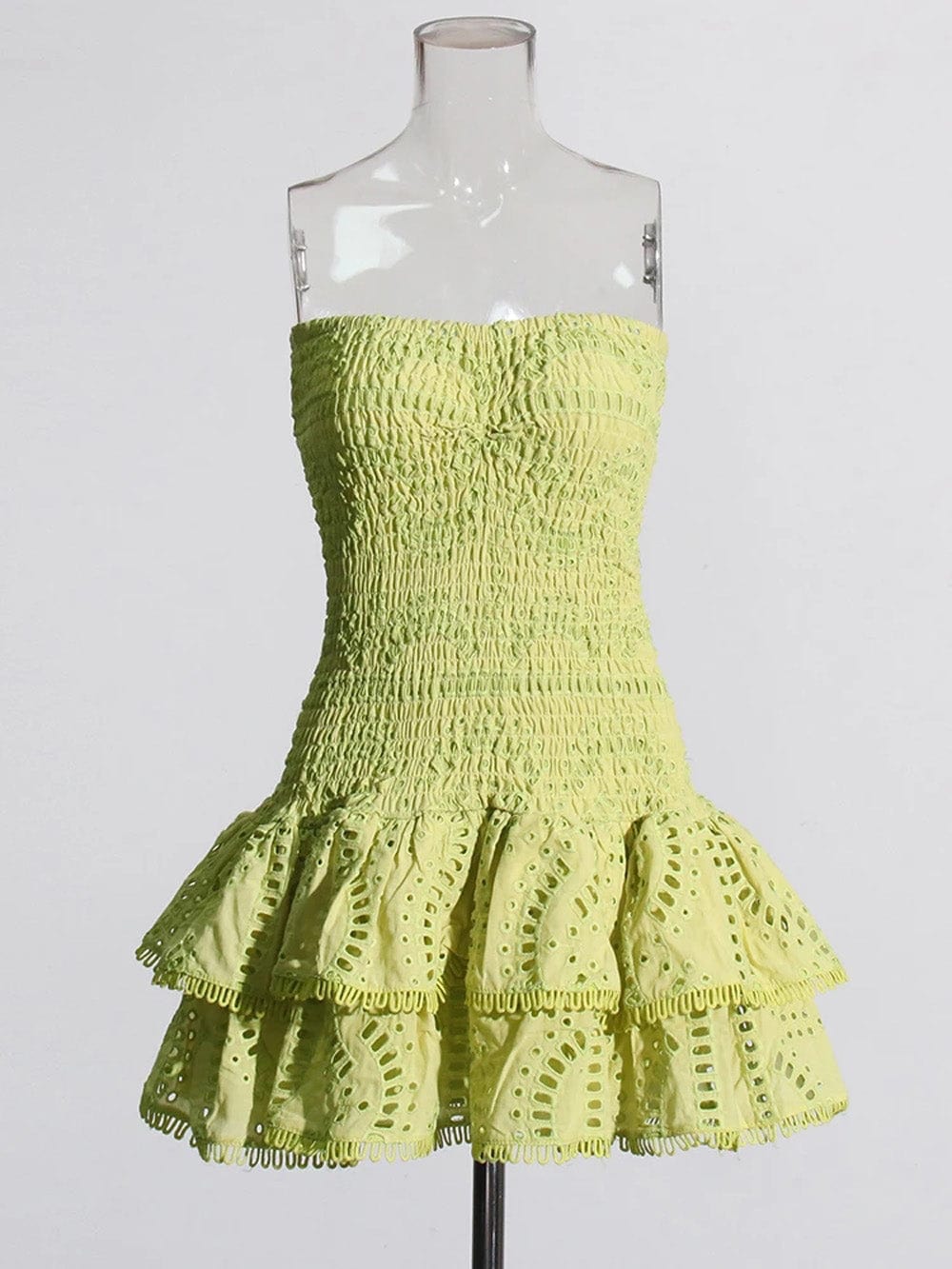 Strapless Smocked Bodice Tiered Eyelet Ruffle Mini Dress