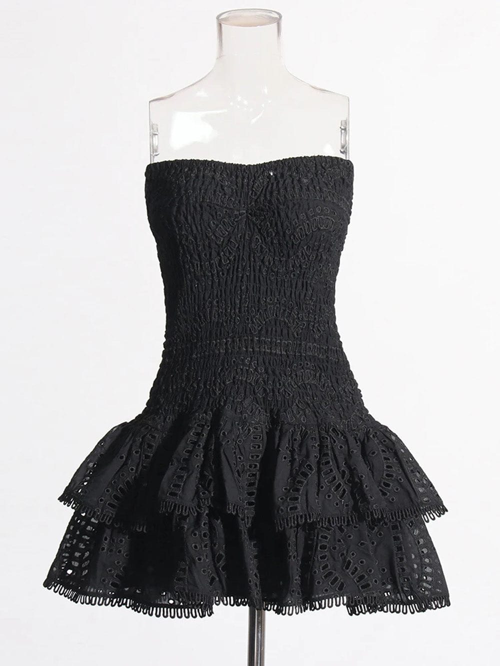 Strapless Smocked Bodice Tiered Eyelet Ruffle Mini Dress