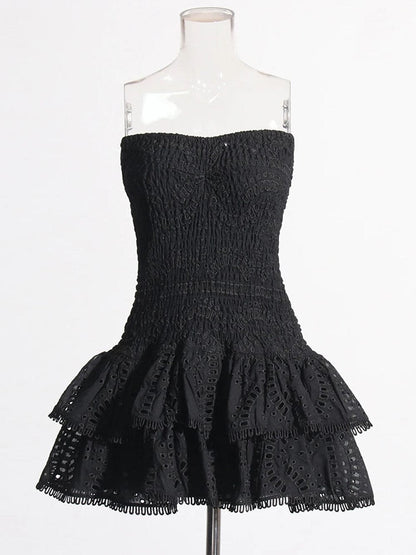 Strapless Smocked Bodice Tiered Eyelet Ruffle Mini Dress