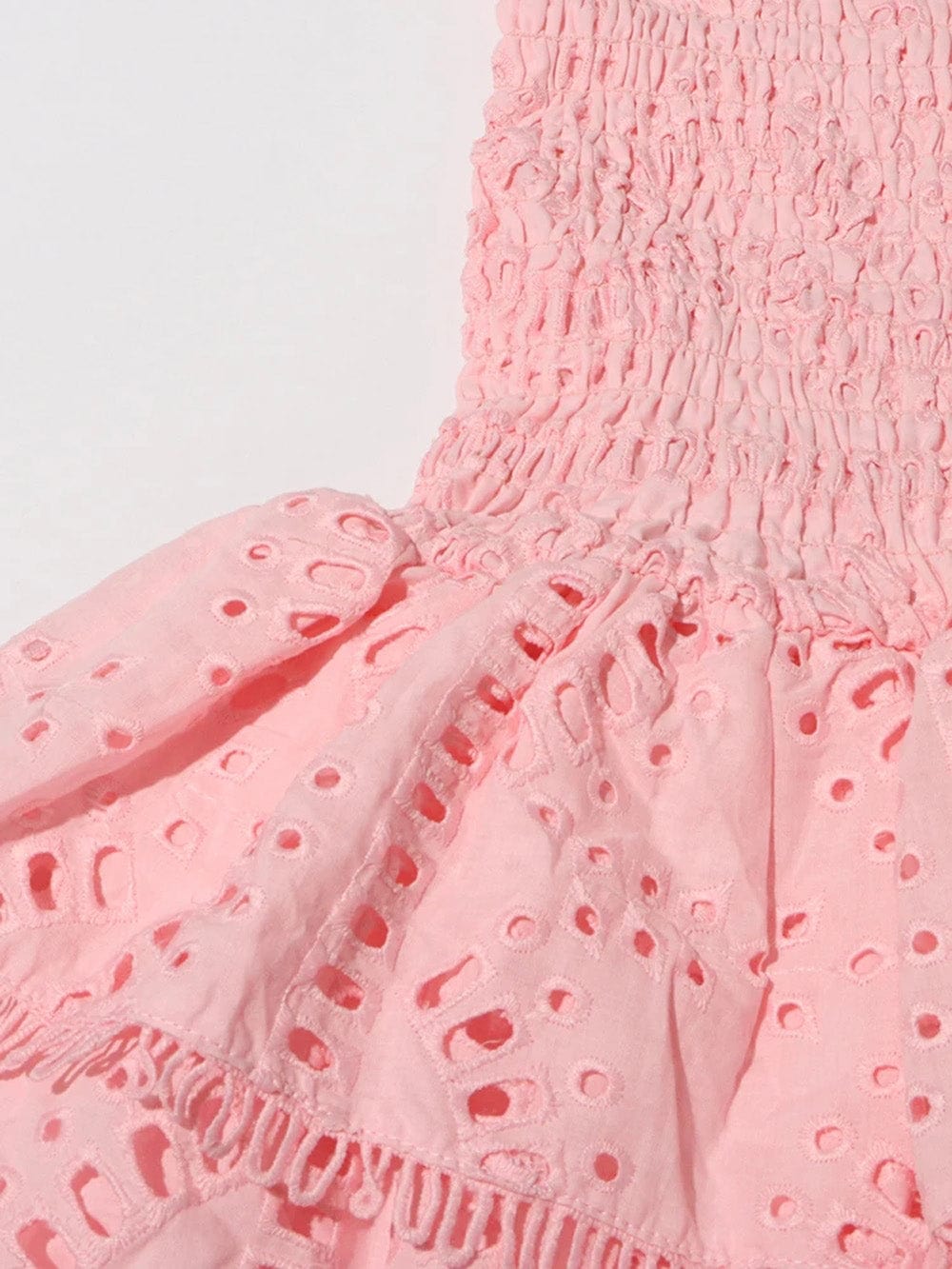 Strapless Smocked Bodice Tiered Eyelet Ruffle Mini Dress