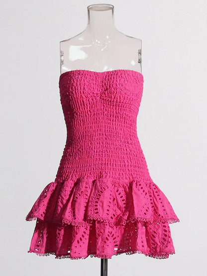 Strapless Smocked Bodice Tiered Eyelet Ruffle Mini Dress