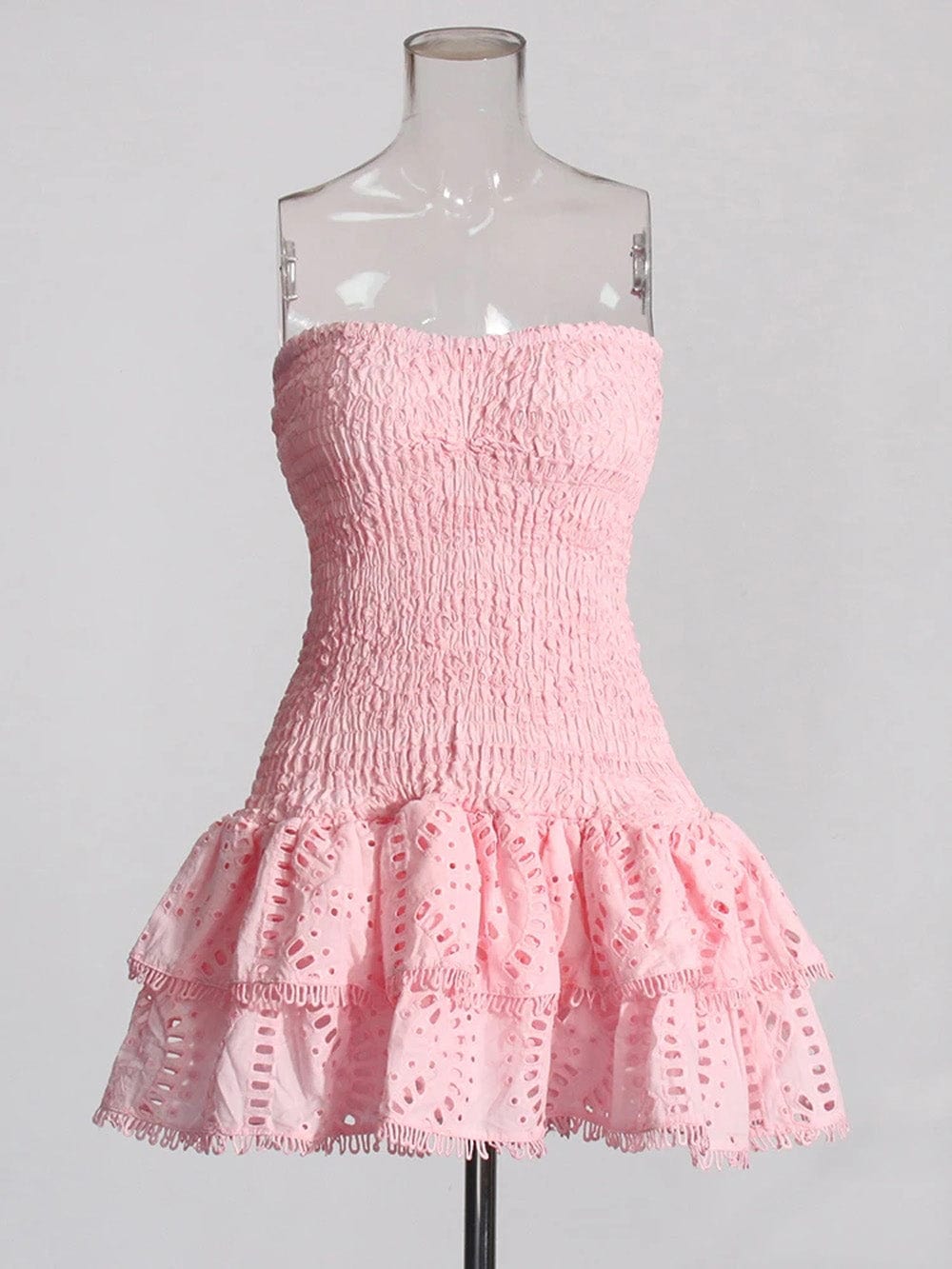 Strapless Smocked Bodice Tiered Eyelet Ruffle Mini Dress