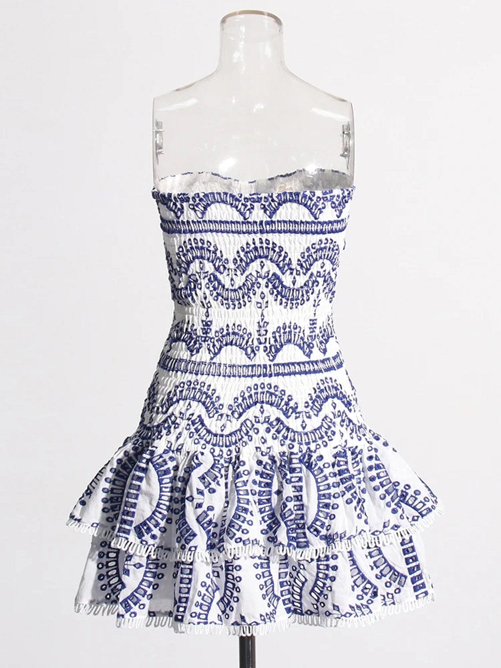Strapless Smocked Bodice Tiered Eyelet Ruffle Mini Dress