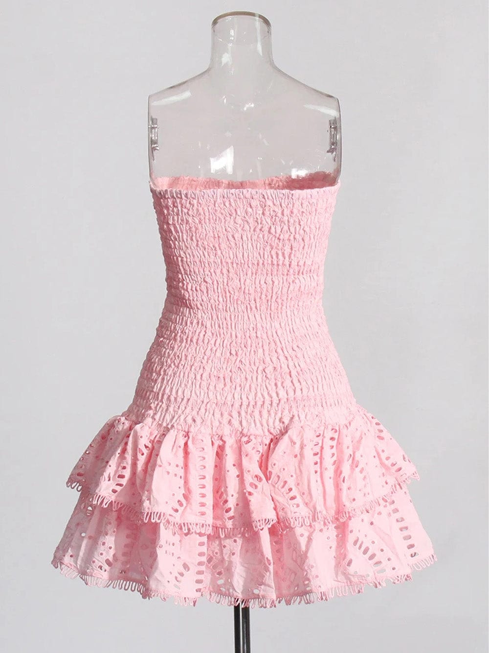 Strapless Smocked Bodice Tiered Eyelet Ruffle Mini Dress