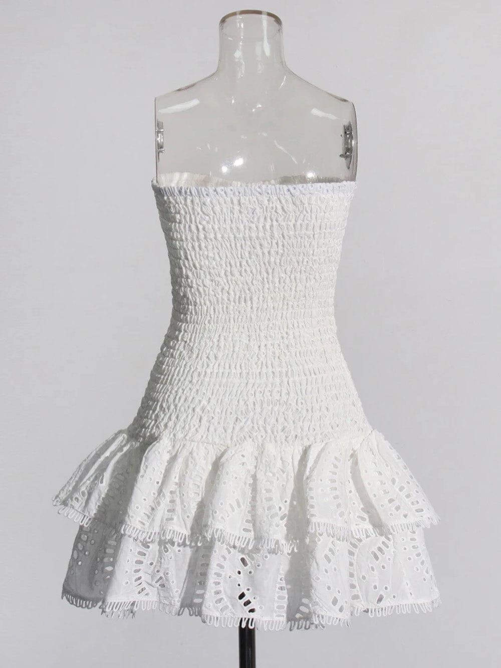 Strapless Smocked Bodice Tiered Eyelet Ruffle Mini Dress