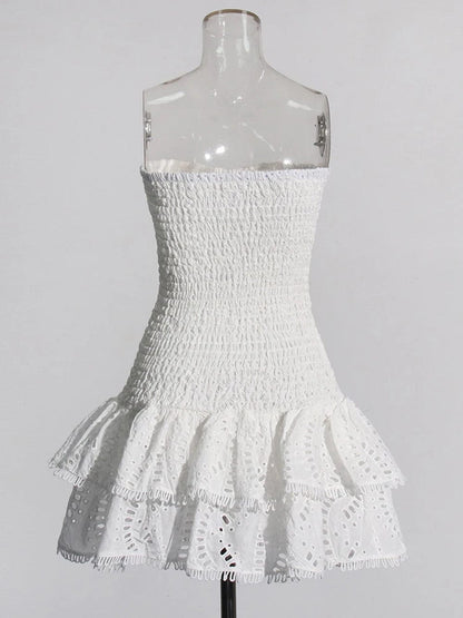 Strapless Smocked Bodice Tiered Eyelet Ruffle Mini Dress