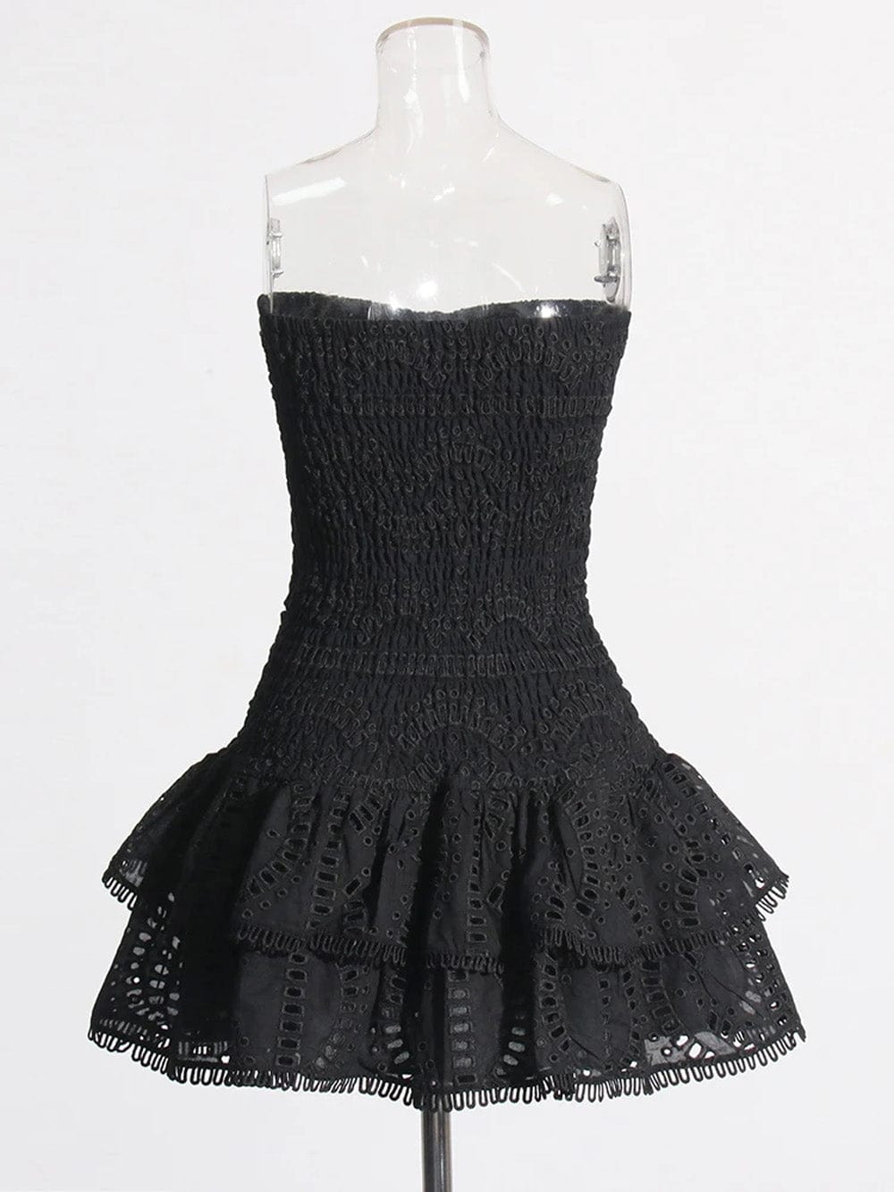 Strapless Smocked Bodice Tiered Eyelet Ruffle Mini Dress