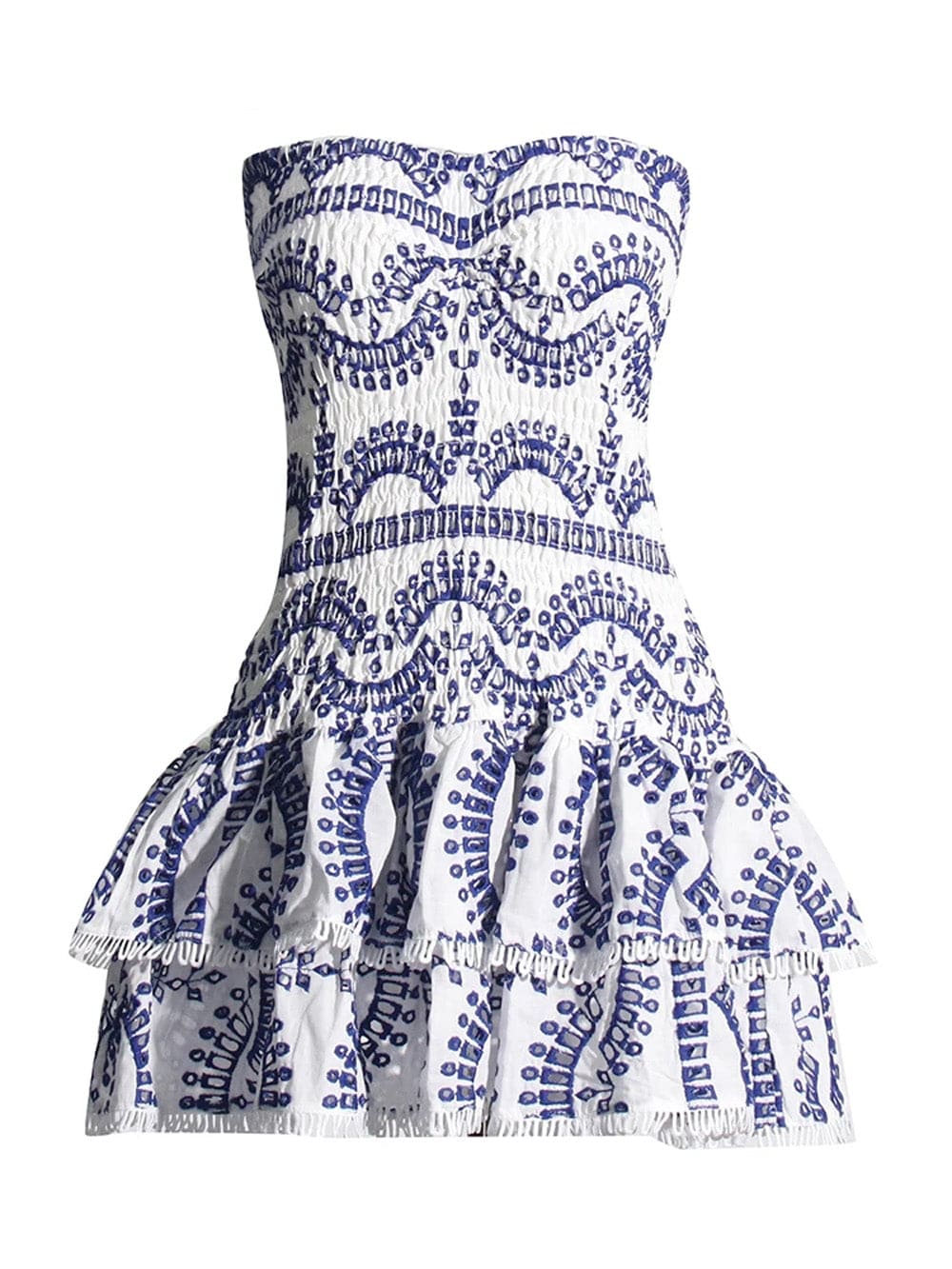 Strapless Smocked Bodice Tiered Eyelet Ruffle Mini Dress