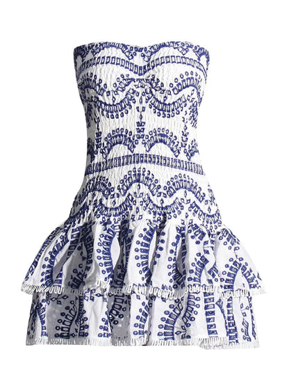 Strapless Smocked Bodice Tiered Eyelet Ruffle Mini Dress