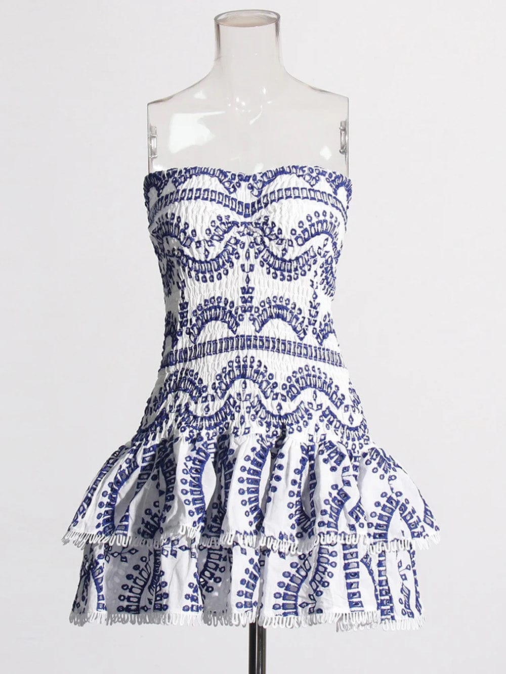 Strapless Smocked Bodice Tiered Eyelet Ruffle Mini Dress