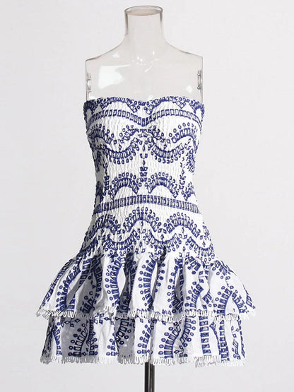 Strapless Smocked Bodice Tiered Eyelet Ruffle Mini Dress