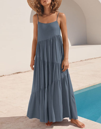 Spaghetti Strap Diagonal Tiered Flowy Maxi Dress