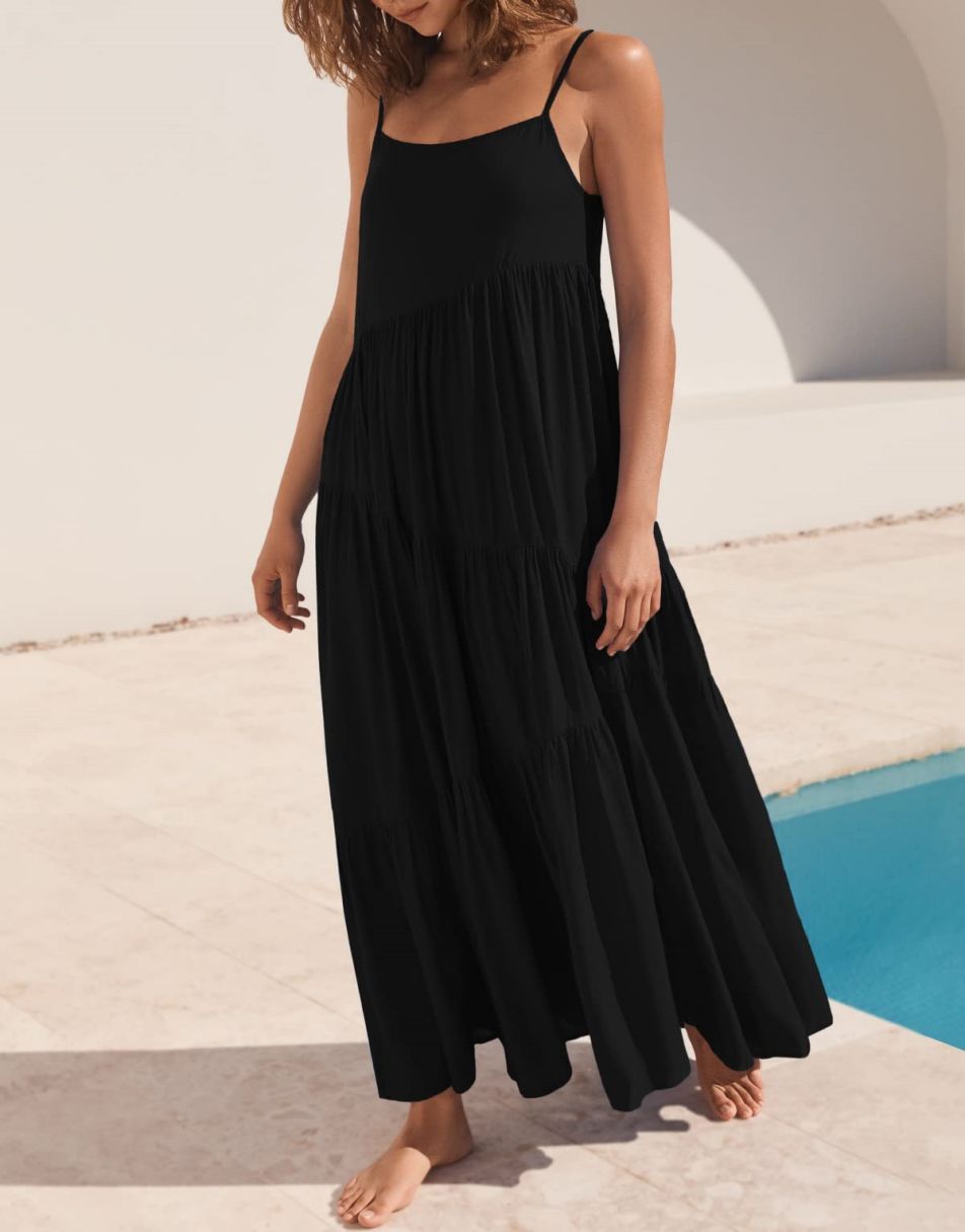 Spaghetti Strap Diagonal Tiered Flowy Maxi Dress