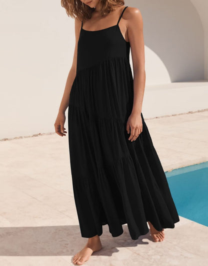 Spaghetti Strap Diagonal Tiered Flowy Maxi Dress