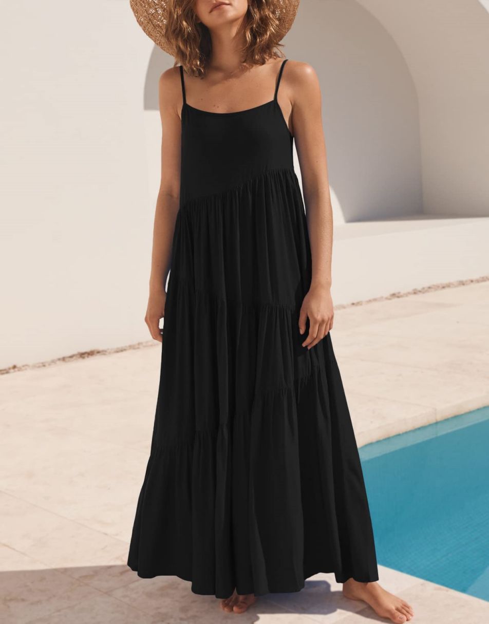 Spaghetti Strap Diagonal Tiered Flowy Maxi Dress
