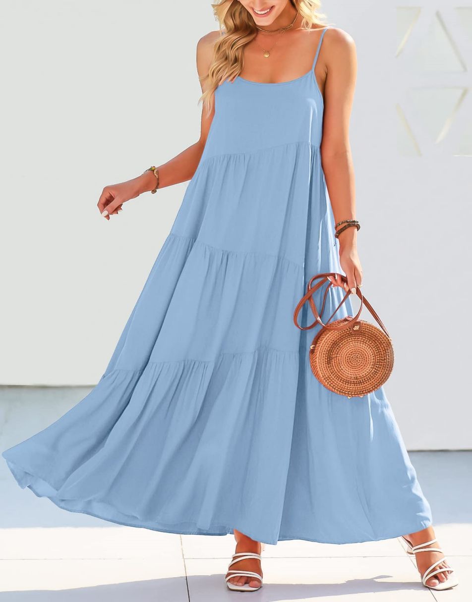 Spaghetti Strap Diagonal Tiered Flowy Maxi Dress