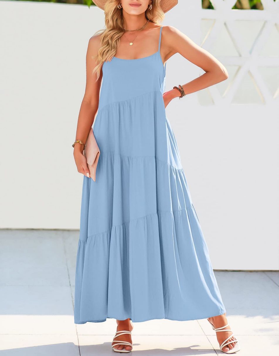 Spaghetti Strap Diagonal Tiered Flowy Maxi Dress