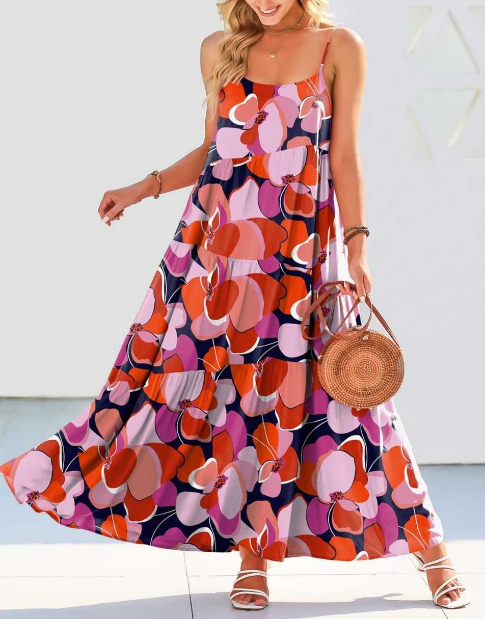 Spaghetti Strap Diagonal Tiered Flowy Maxi Dress