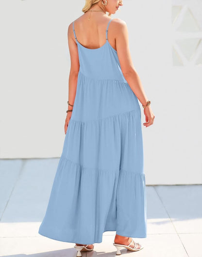 Spaghetti Strap Diagonal Tiered Flowy Maxi Dress