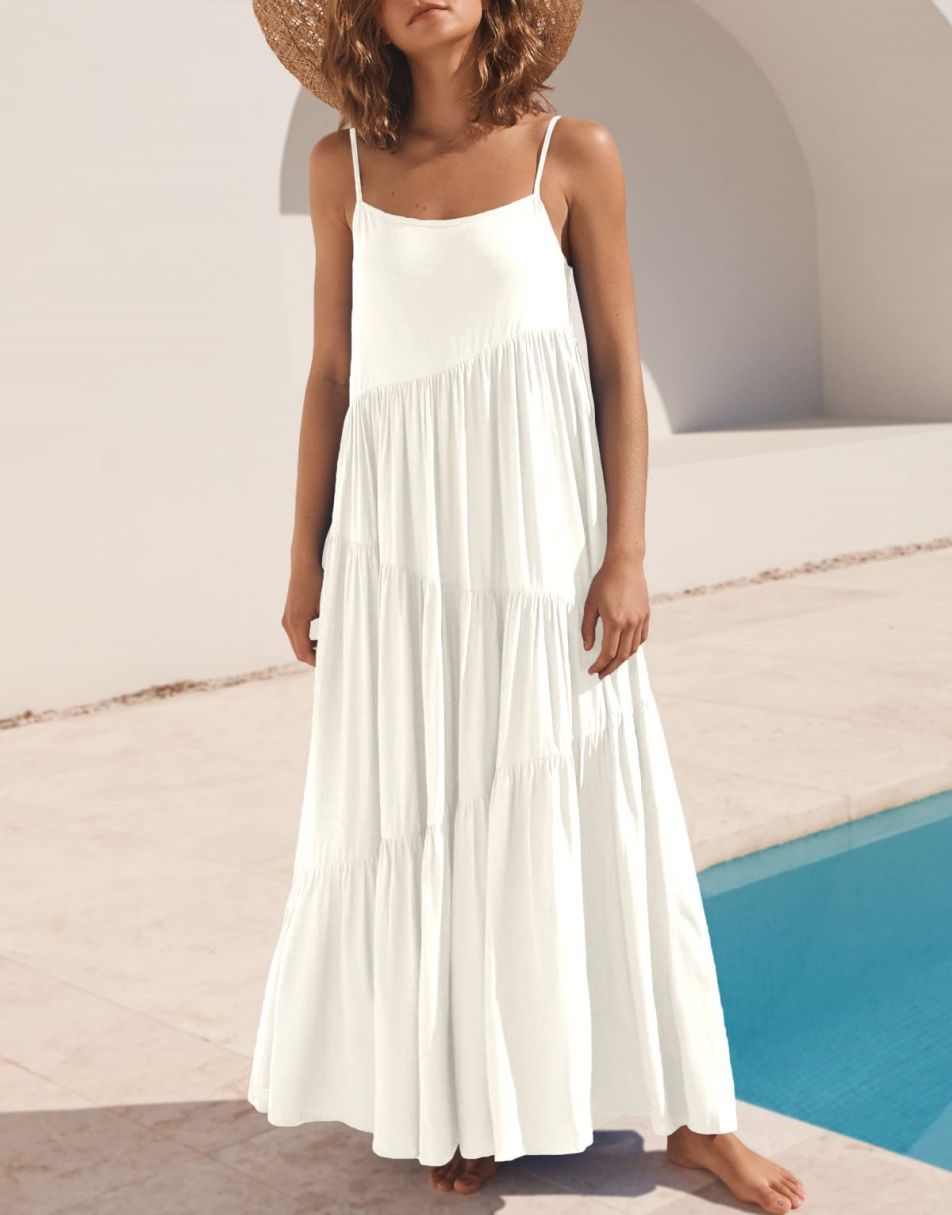 Spaghetti Strap Diagonal Tiered Flowy Maxi Dress