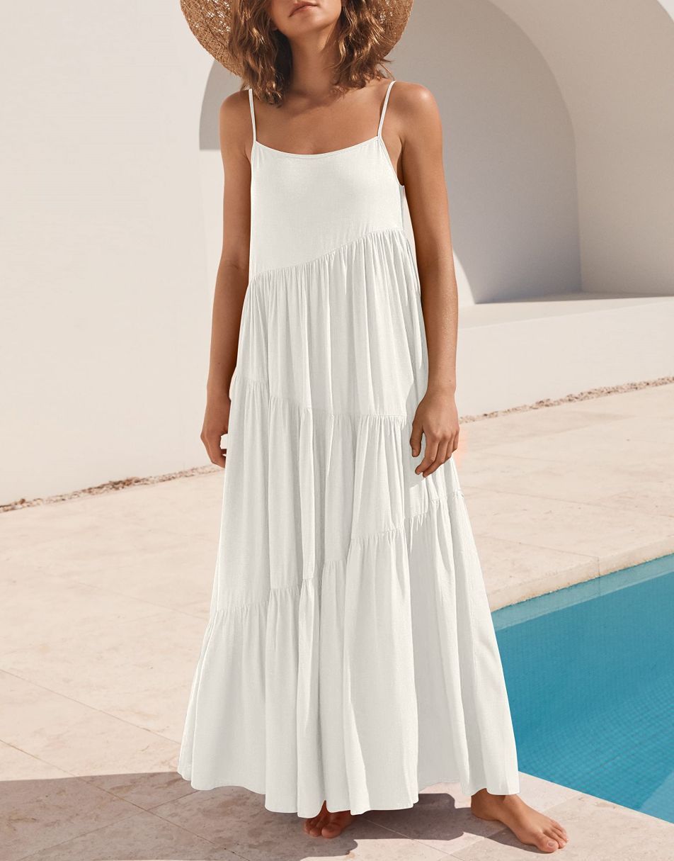 Spaghetti Strap Diagonal Tiered Flowy Maxi Dress