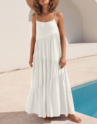 Spaghetti Strap Diagonal Tiered Flowy Maxi Dress