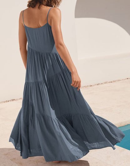 Spaghetti Strap Diagonal Tiered Flowy Maxi Dress
