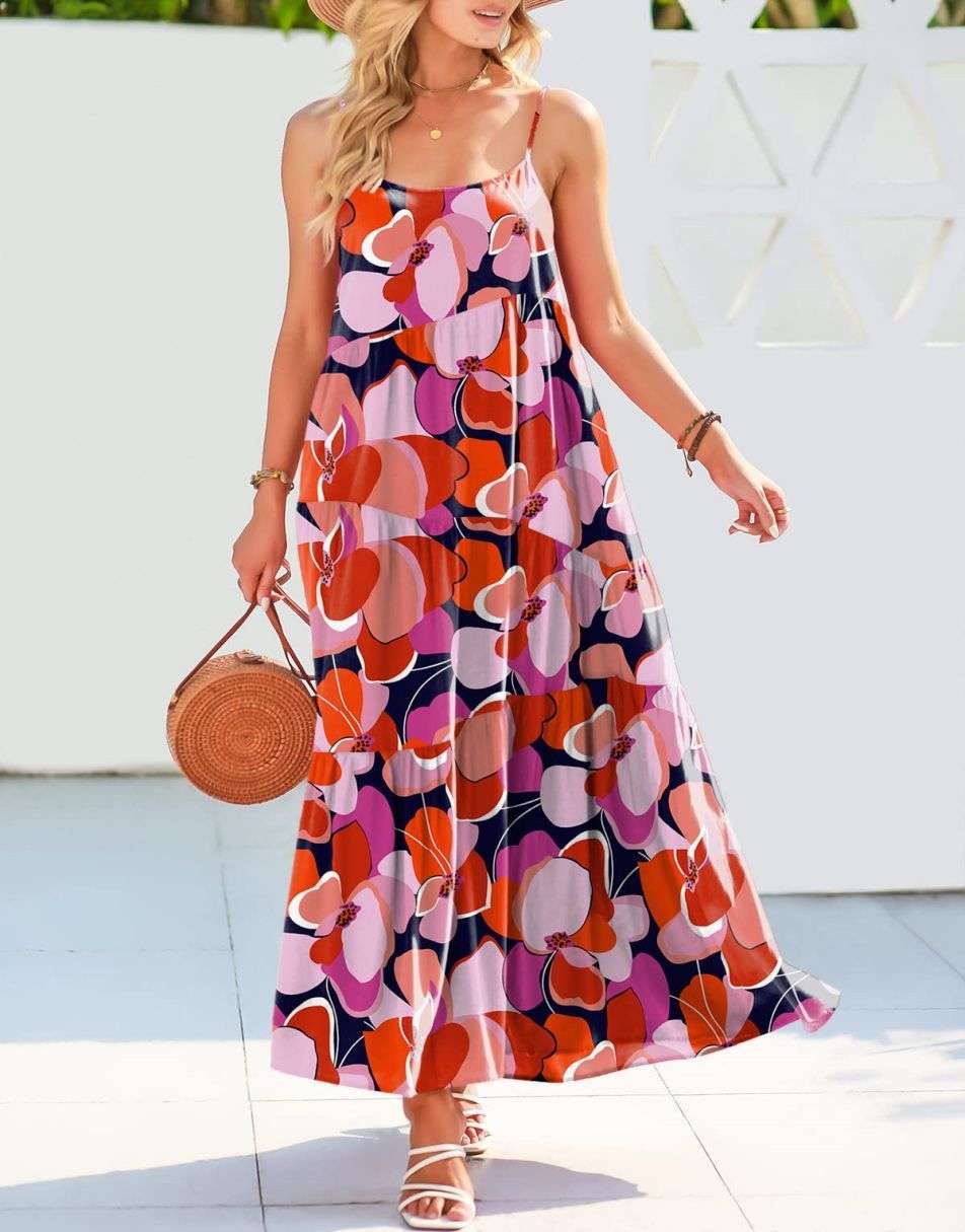 Spaghetti Strap Diagonal Tiered Flowy Maxi Dress