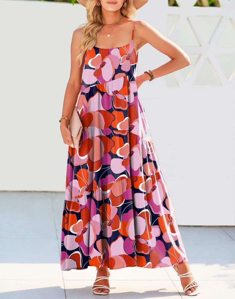 Spaghetti Strap Diagonal Tiered Flowy Maxi Dress