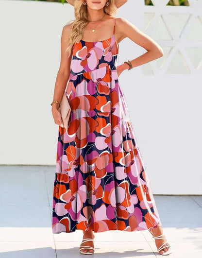 Spaghetti Strap Diagonal Tiered Flowy Maxi Dress