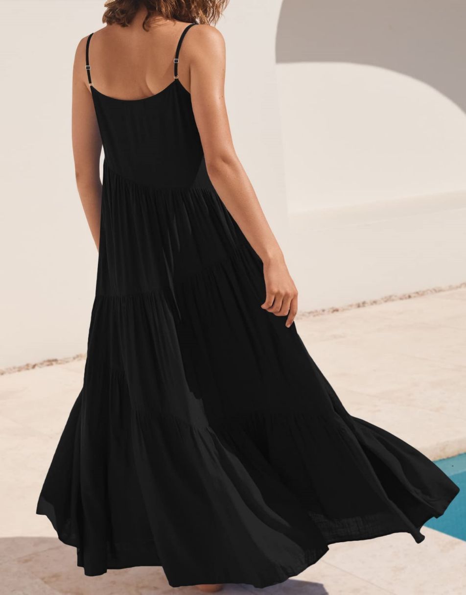 Spaghetti Strap Diagonal Tiered Flowy Maxi Dress